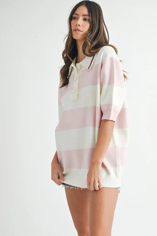 Oversized Stripe Polo Collar Sweater