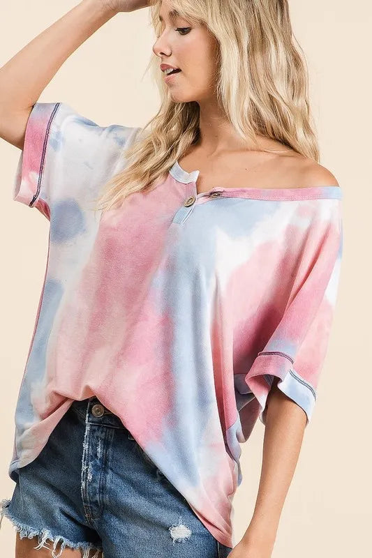 Tie Dye French Terry Top With Buttoned Placket