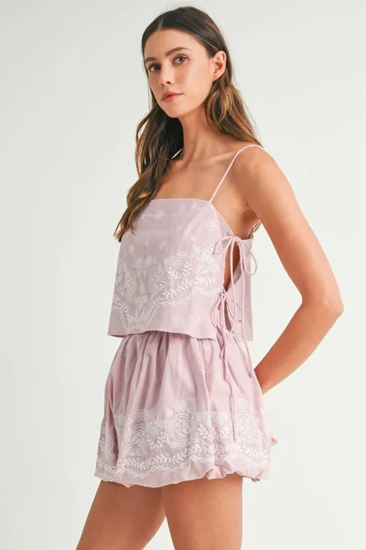 Embroidered Crop Cami and Balloon Mini Skirt Set