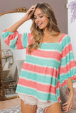 Stripe Printed Bubble Woven Balloon Sleeves Top