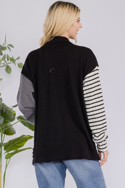 Full Size Striped Button Up Dropped Shoulder Shacket