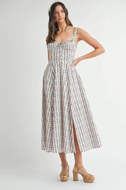 Floral Print Bustier Back Lace Up Midi Dress