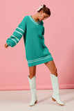 Loose V Neck Sweater Dress with Striped Sleeves