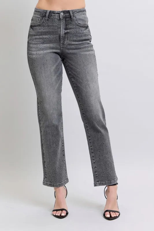 Full Size High Waist Rhinestone Straight Jeans Plus Size