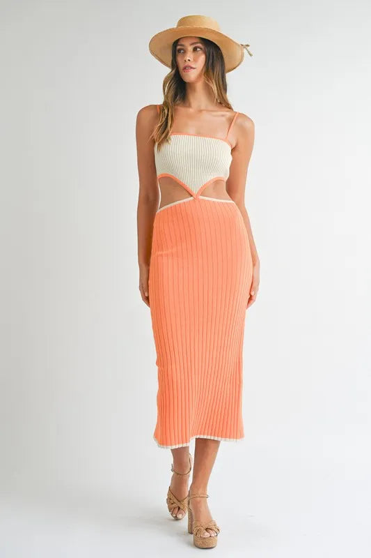 Ribbed Knit Color Block Cutout Midi Dress