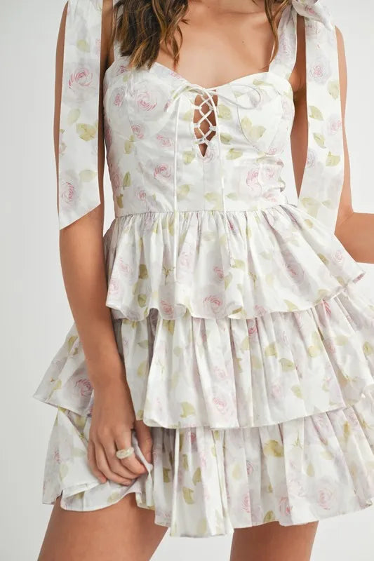 Floral Print Shoulder Tie Layered Mini Dress