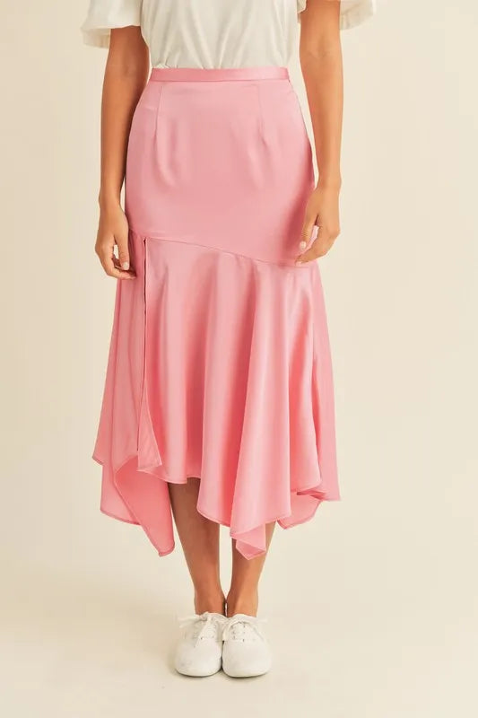 Satin Handkerchief Asymmetrical Hem Midi Skirt