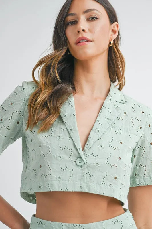 Eyelet Short Sleeve Crop Top and Shorts Set