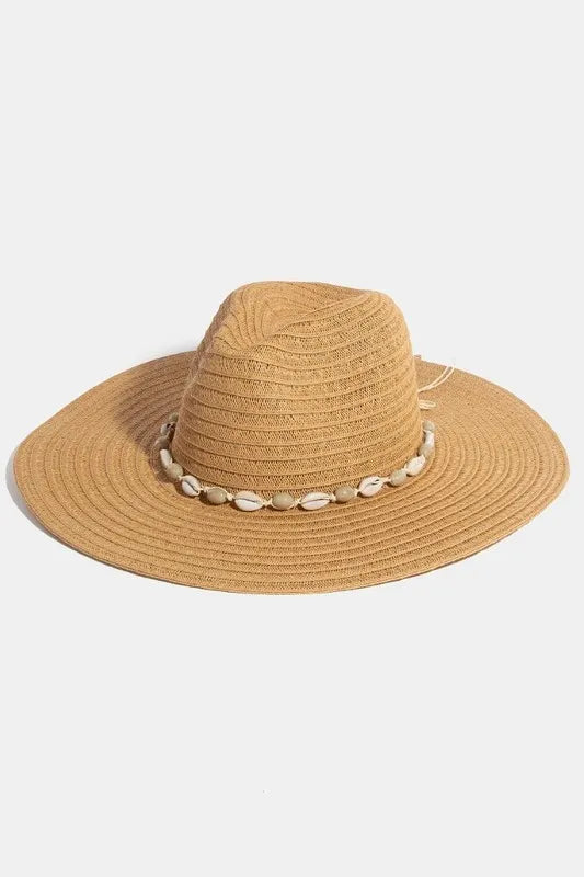 Seashell-Adorned Wide Brim Straw Hat