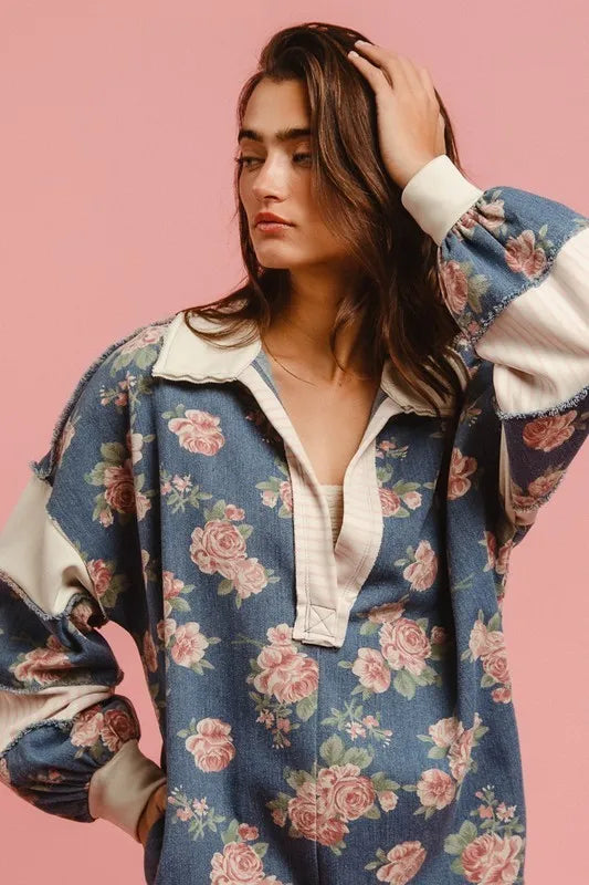 Washed Floral Denim Romper With Contrast Collar
