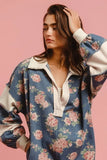 Washed Floral Denim Romper With Contrast Collar