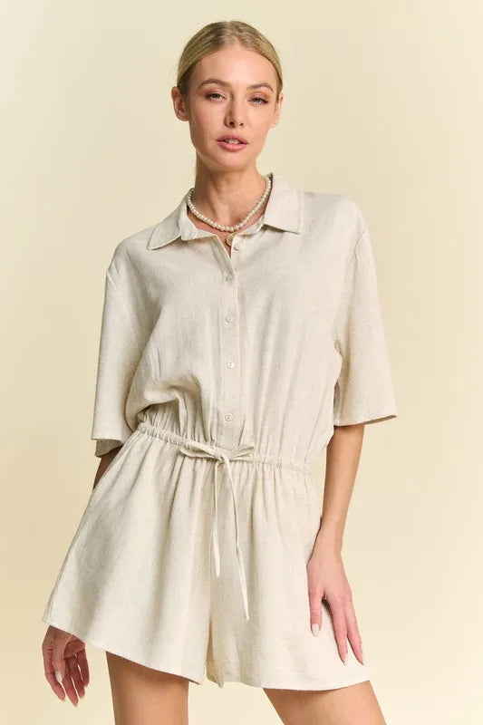 Drawstring Waist Button-Down Shirt Romper