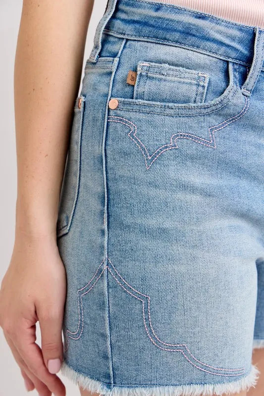High Waist Western Embroidery Detail Cut Off Denim Shorts