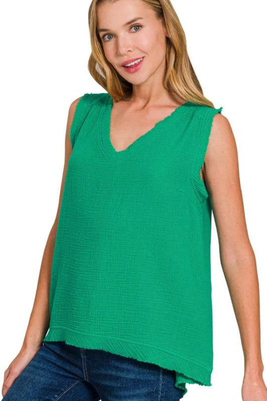 Double Gauze Raw Edge V-Neck Tank