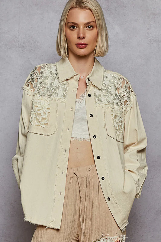 Pearl Lace Patch Vintage Boho Button-Up Blouse
