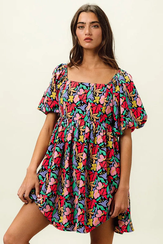 Tropical Blossom Puff Square Neck Dress