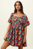 Tropical Blossom Puff Square Neck Dress