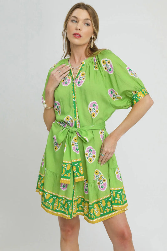 Boho Floral Belted Short Sleeve Shirt Dress