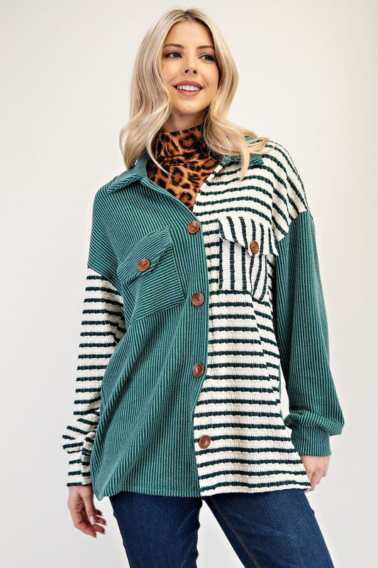 Full Size Striped Button Up Dropped Shoulder Shacket