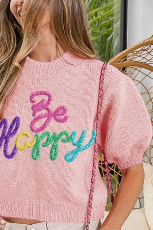 Metallic Letter Short Puff Sleeve Hairy Sweater