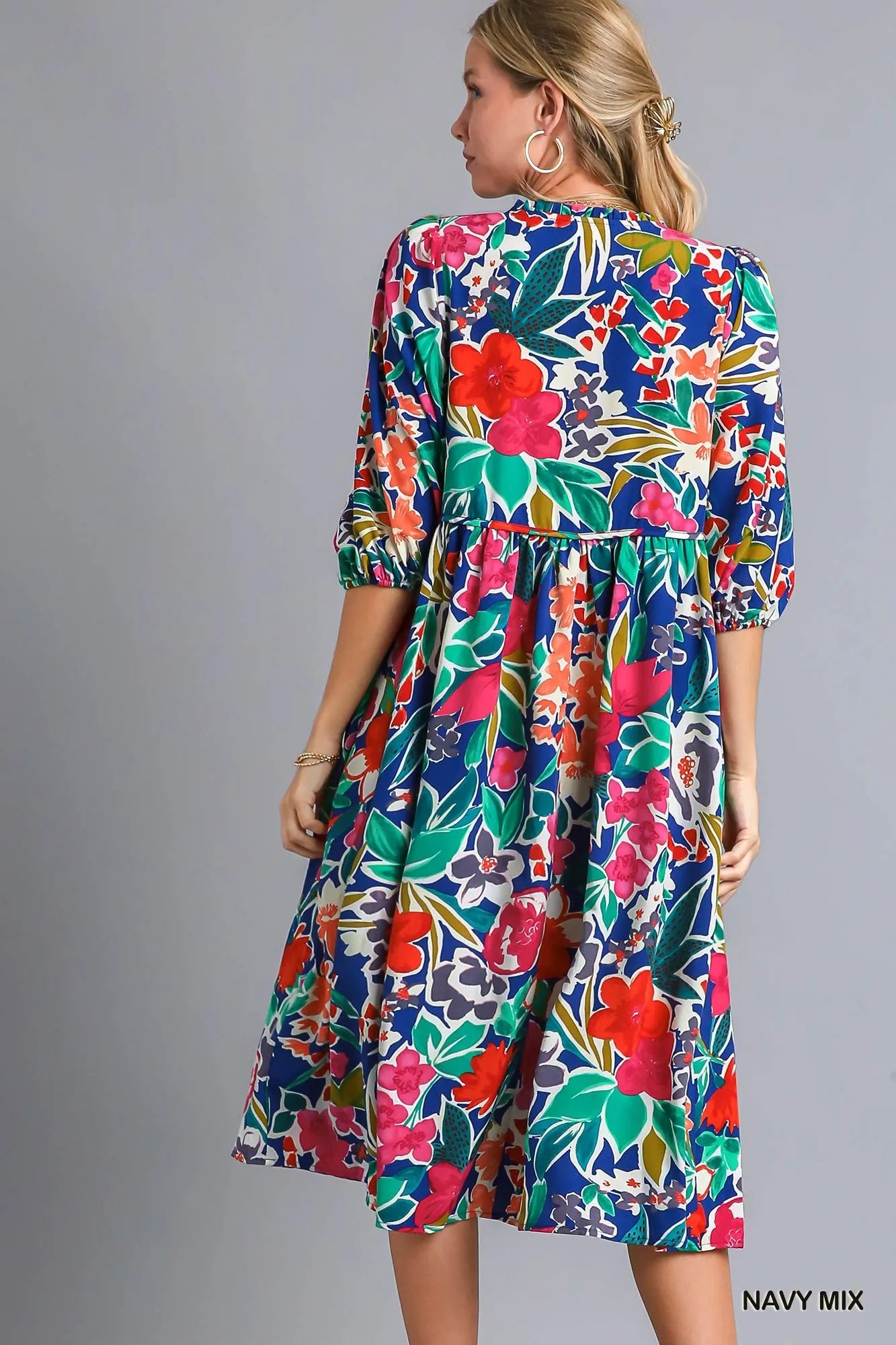 Floral Tie Neck Midi Dress with Handy Pockets
