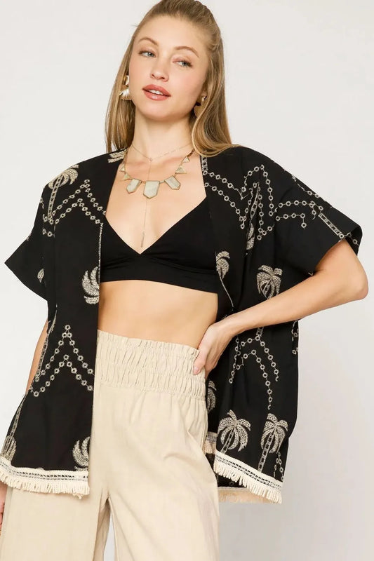 Open Front Palm Embroidered Fringe Kimono Wrap