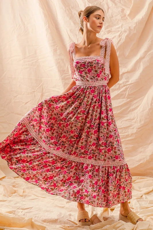 Bohemian Floral Maxi Dress With Adjustable Lace Straps