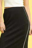 Contrast-Piped Midi Pencil Skirt in Sleek Black