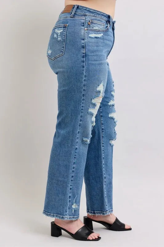 Full Size High Waist Heavy Destroy Straight Jeans Plus Size