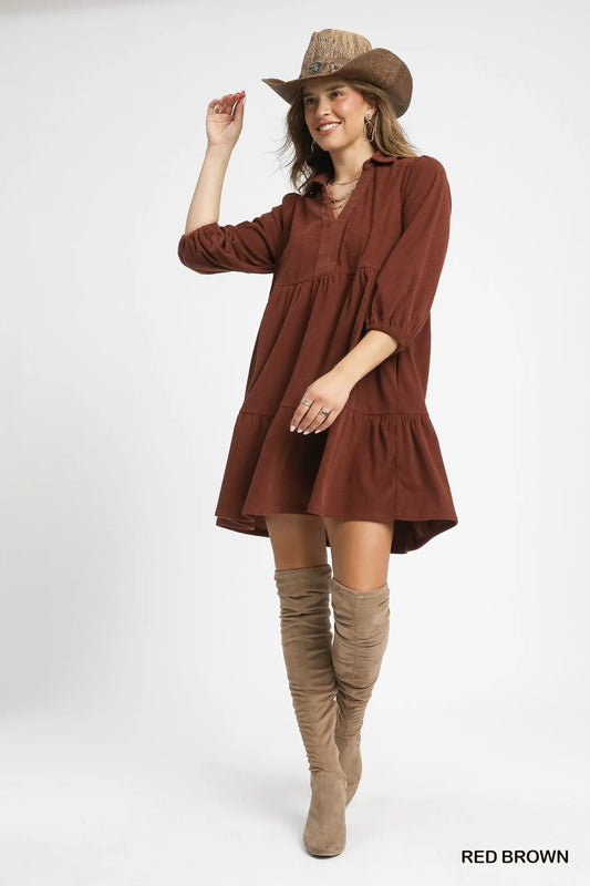 Corduroy Dress with Balloon Sleeves