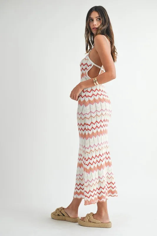 Lightweight Pointelle Chevron Knit Maxi Dress
