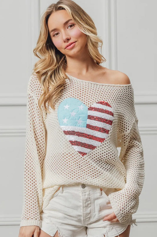 Sequin American Flag Heart Knit Up