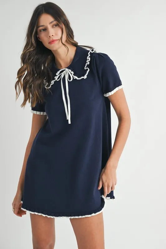 Ruffle Trimmed Collar Fine Knit Mini Dress