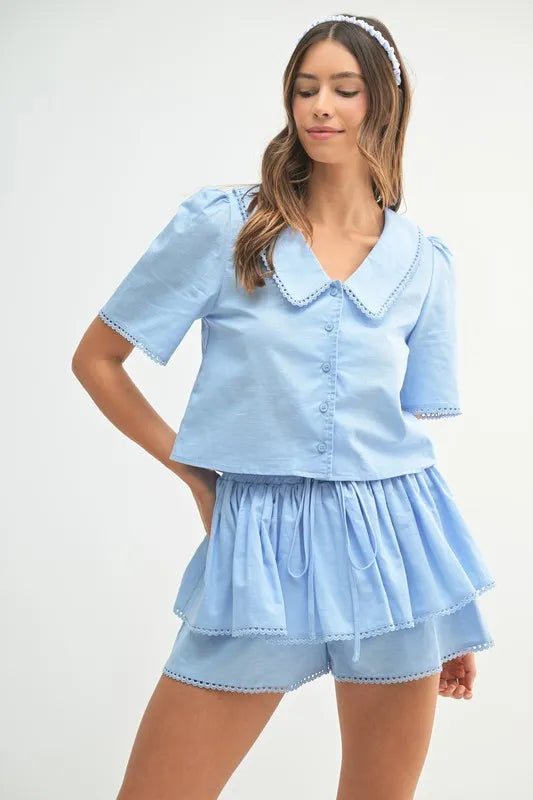 Collared Button Down Crop Top and Skort Set