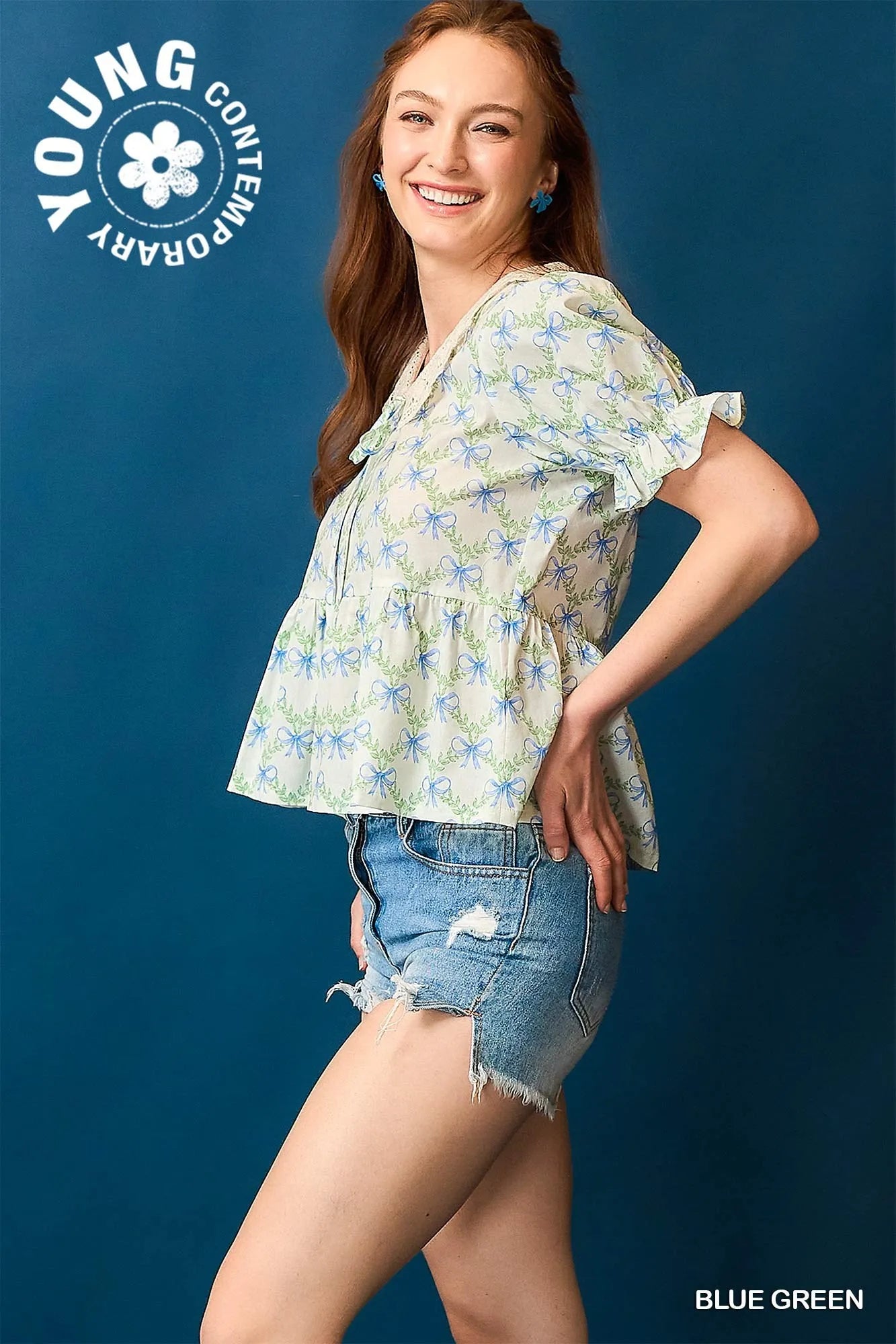 Bow Pattern Lace Trim Ruffle Sleeve Top