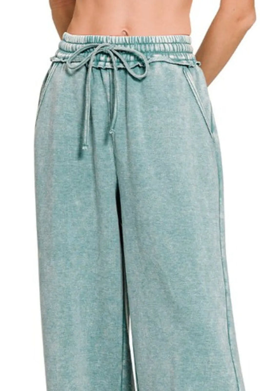 Acid Wash Fleece Palazzo Sweatpants with Pockets