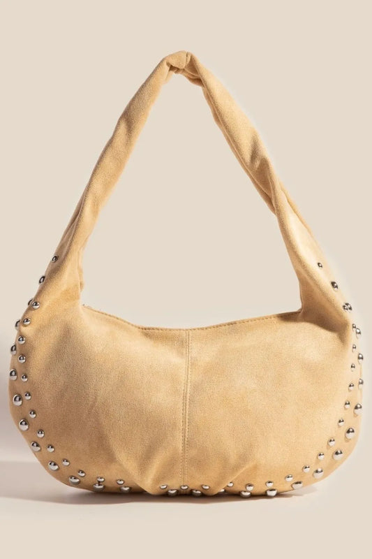 Studded Crescent Faux Leather Shoulder Bag
