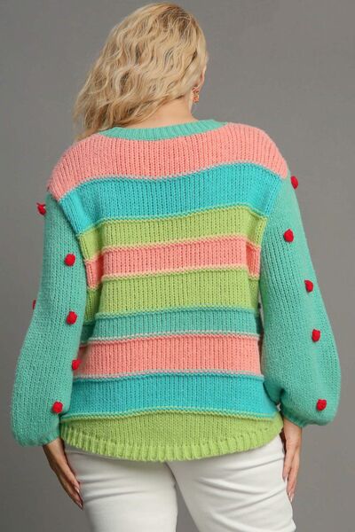 Full Size Color Block Cable Knit Sweater with Pom Pom Plus Size