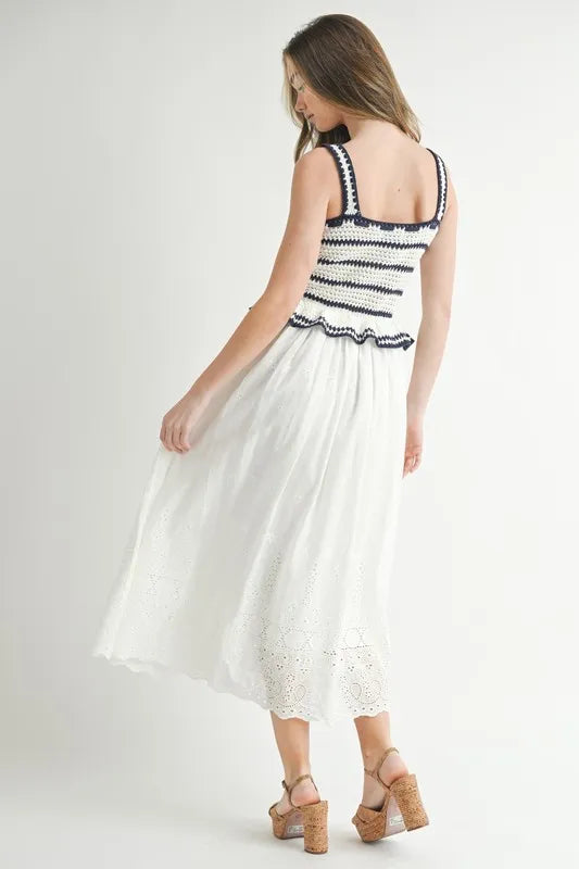 Crochet Stripe Knit Eyelet Mix Midi Dress