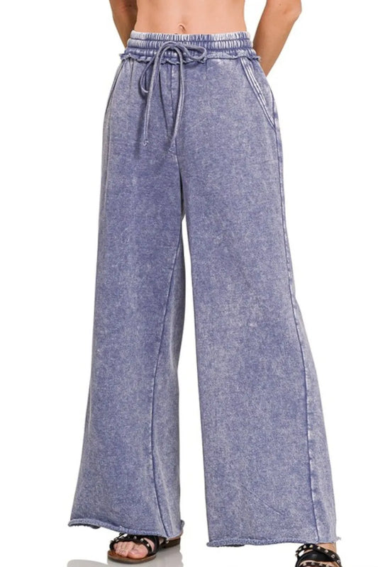 Acid Wash Fleece Palazzo Sweatpants with Pockets
