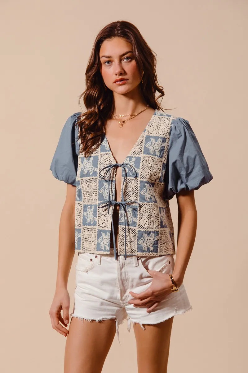 Boho Patchwork Puff Sleeve V Neck Blouse
