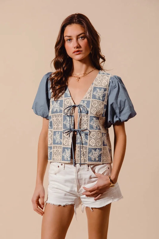 Boho Patchwork Puff Sleeve V Neck Blouse