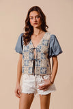Boho Patchwork Puff Sleeve V Neck Blouse