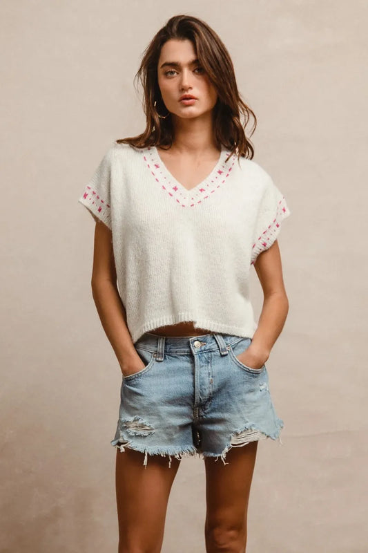 Knit Solid Contrast Stitch Detail Short Sleeves Sweater