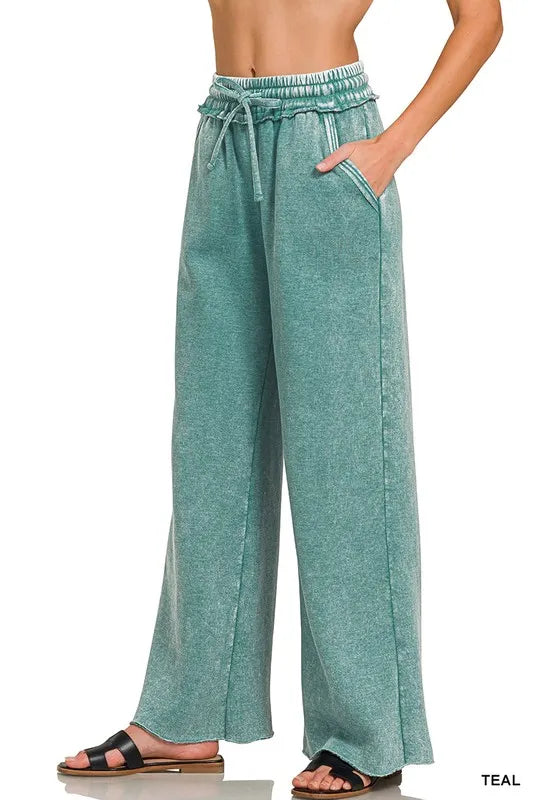 Acid Wash Fleece Palazzo Sweatpants with Pockets