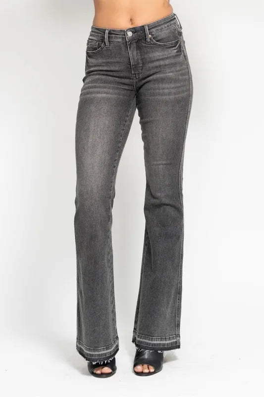 Full Size Midi Rise Tummy Control Washed Gray Release Hem Flare Jeans Plus Size