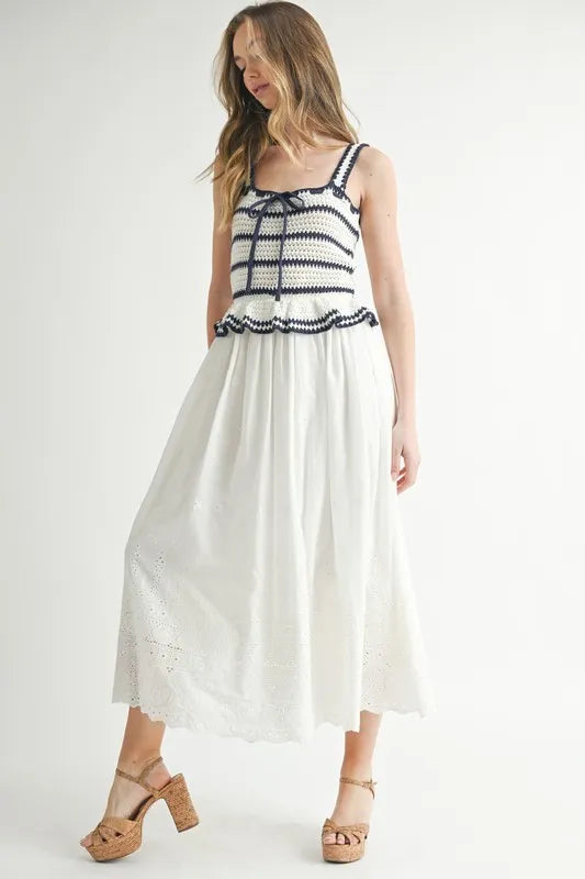 Crochet Stripe Knit Eyelet Mix Midi Dress