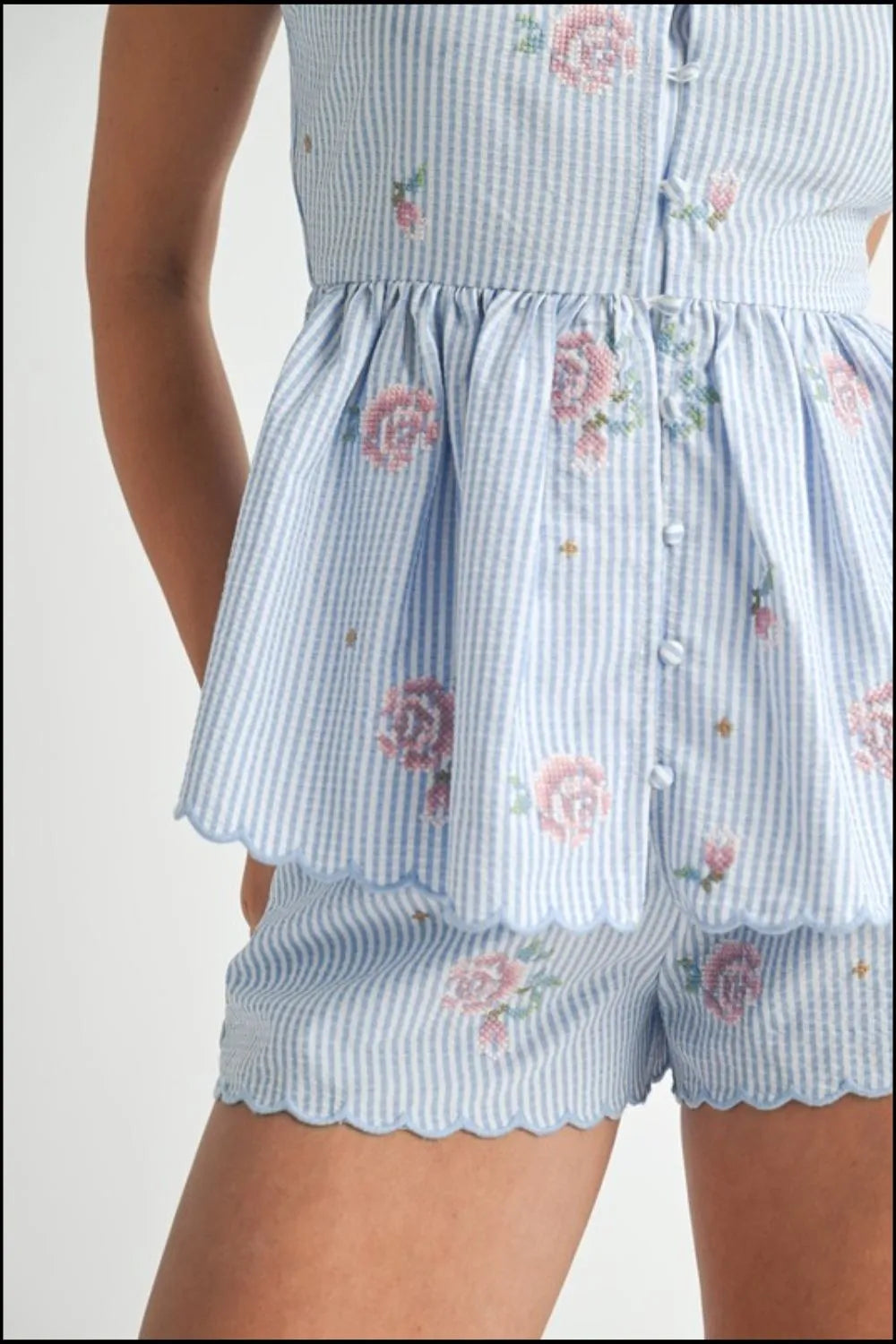 Stripe Embroidered Peplum Cami and Shorts Set