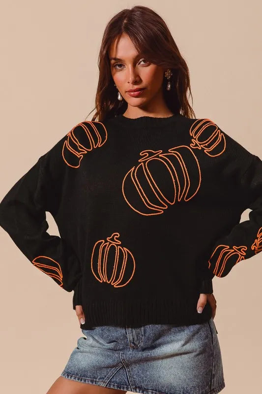 Pumpkin-Themed Festive Holiday Knit Sweater