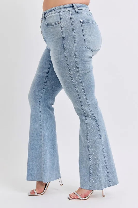 Full Size Midi Rise Rhinestone Side Panel Detail Flare Jeans Plus Size